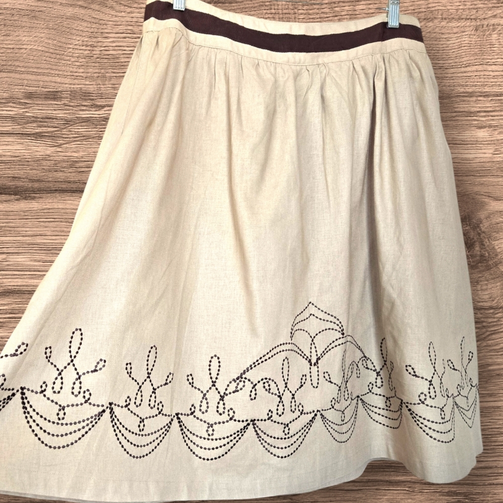 Linen Peasant Skirt Beige w Brown Embroidery Knee Length / Sz 12 - Picture 2 of 11